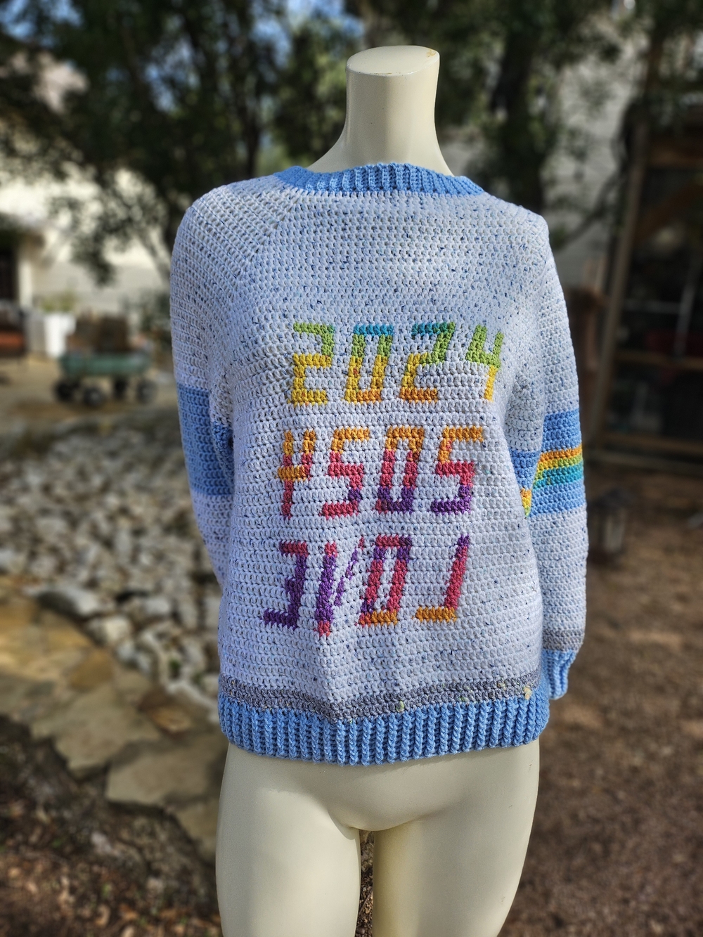 Hand Knit Light Blue Crochet Knit Sweater with Rainbow Lettering Love S